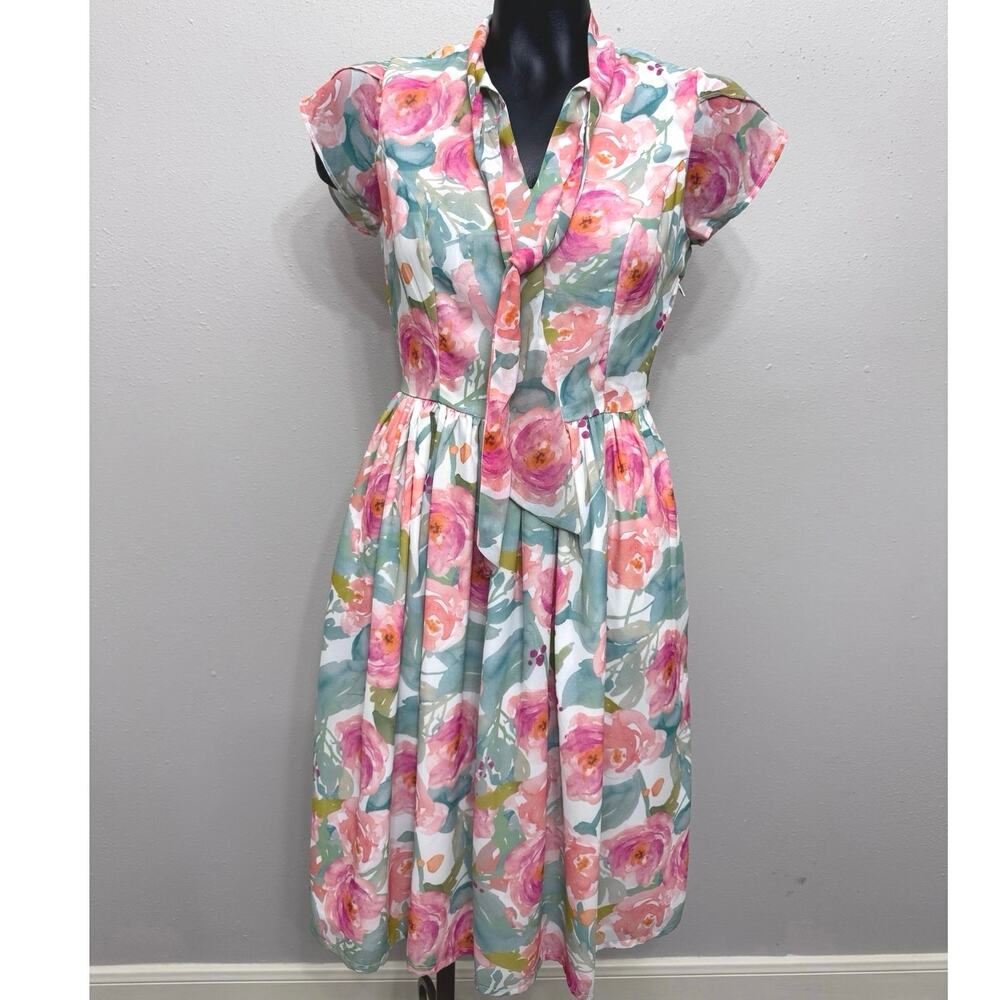 ModCloth‎ Floral Dress Sz XS Ruffle Trim Neck Tie Cap Sleeve Cottagecore Twee